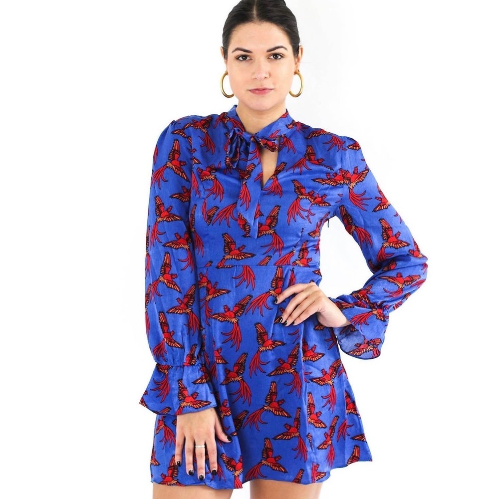 (CL) Glamorous Blue Red Bird Print Bow Mini Dress Long Sleeve Bell Cuff 4